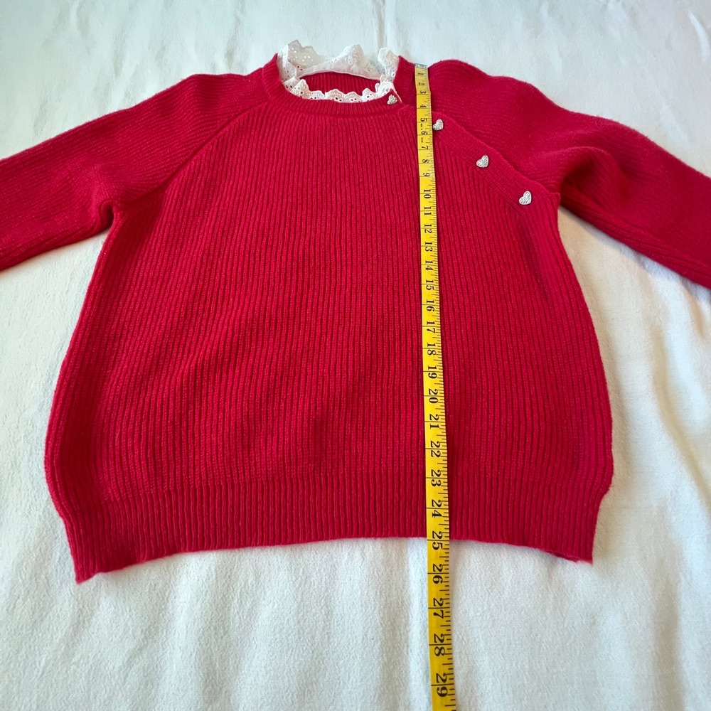 Women's Red Ribbed Knit Sweater with Lace Collar and Rhinestone Heart Buttons‎ - Picture 8 of 10